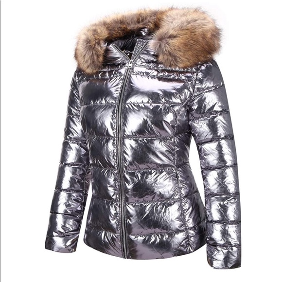Lightweight Puffer Jacket Warm Coat Hooded with Fur Collar Silver - Picture 2 of 6